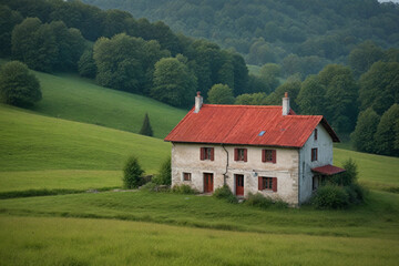 Fototapeta premium A house on a little hill with a red roof within a beautiful landscape.
