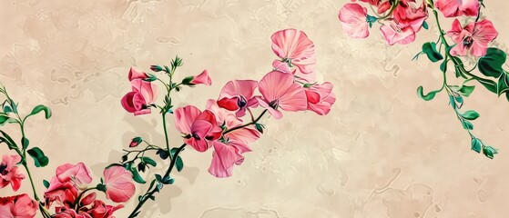 vintage botanical Sweetpea flowers digital illustration on a beautiful fantasy wallpaper background perfect for floral pattern fabric print cover invitation poster banner