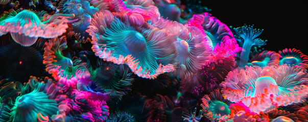 Obraz premium A mesmerizing image of colorful fluorescent corals, glowing in shades of neon pink, turquoise, and lime, isolated on a black background to create a dramatic and surreal underwater scene.