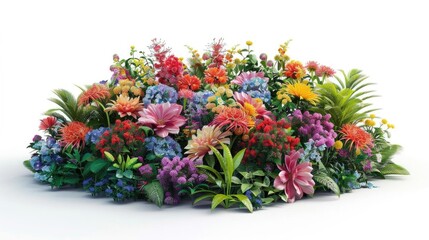 Ultrarealistic 3D rendering of a vibrant floral bouquet in various colors blooming against a lush garden isolated on white background