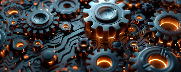 A metallic surface featuring a repeating pattern of interconnected gears and cogs, with subtle neon highlights that suggest advanced machinery.