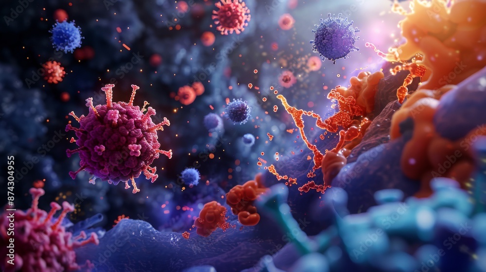 Poster a microscopic view of a vibrant, colorful world filled with viruses and cells. the image captures th