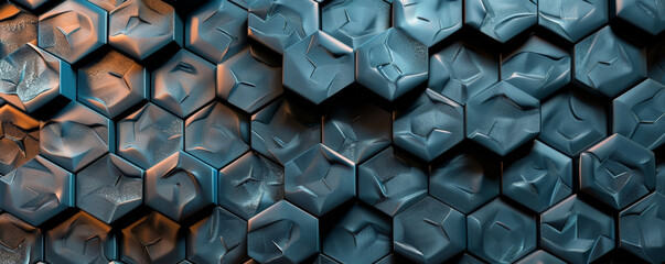 Fototapeta premium A metallic surface with a repeating pattern of hexagonal tiles, each with a different shade of metallic sheen and glowing blue accents, creating a high-tech look.