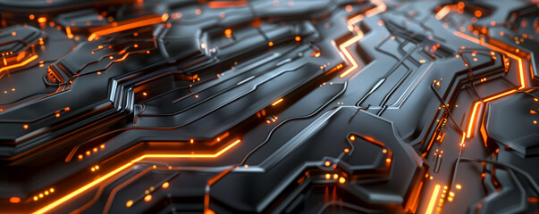 A metallic surface with a network of embossed lines and glowing orange accents that suggest energy flow, creating a futuristic look.