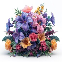 Obraz premium Vibrant floral arrangement with various flowers in pink, purple, yellow, and orange.
