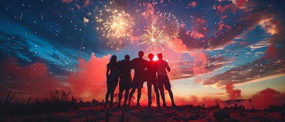 Fototapeta premium Silhouette of a Unified Group of Friends Enjoying Fireworks Display, Symbolizing Friendship and Celebration