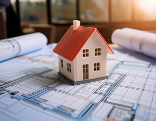 Miniature house and blueprint: Real estate image