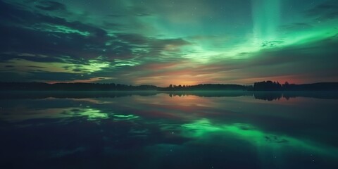 Amazing aurora borealis (northern lights) over lake and trees