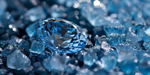 Blue shiny diamond or gemstone laying on a pile of rough gemstones.