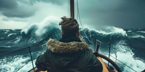 The image shows a man standing on a boat in the middle of a storm