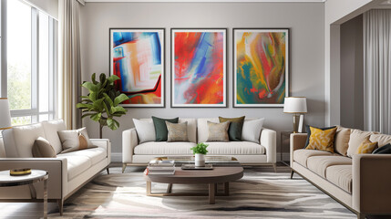 Contemporary living room showcasing a gallery wall with vibrant art, neutral-toned furniture, and a chic coffee table.