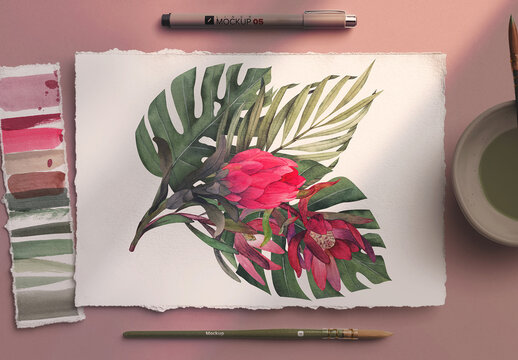 A4 Deckled Edge Paper Watercolor Mockup Scene