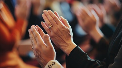 Hands clapping in a conference hall, with blurred background featuring other attendees