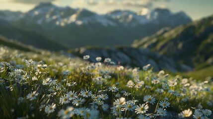 Natural scenery of the Alps, the long view is the Alps, the close view is Edelweiss, realistic style, documentary photography 