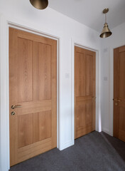 Wooden, shaker style, panelled internal doors with brass door furniture and white painted walls. Part of a house renovation in London UK.