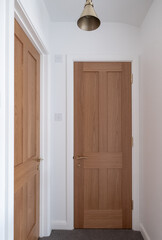 Wooden, shaker style, panelled internal doors with brass door furniture and white painted walls. Part of a house renovation in London UK.