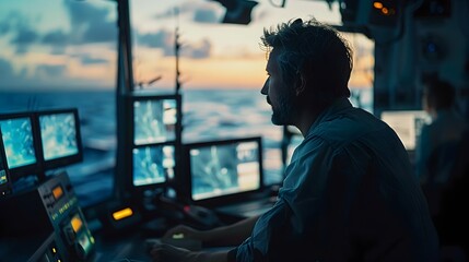 Fishermen Monitoring Drone Footage on High-Tech Screens with Vibrant Ocean Backdrop