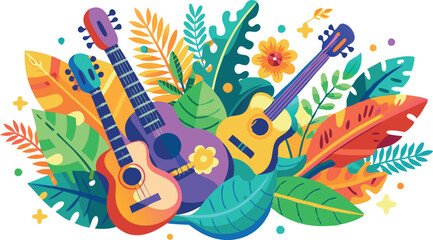 Three colorful guitars surrounded by tropical flowers and plants