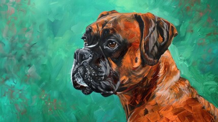 Boxer dog painting with vibrant green background