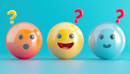 Three balls with smiley faces and question marks on them arranged on a blue background