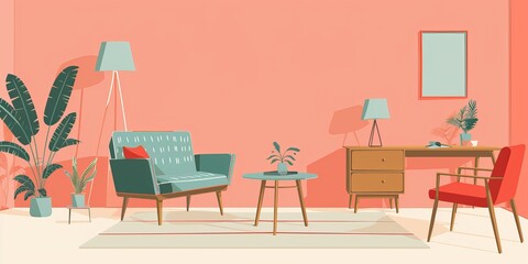 Modern Furniture Vector Illustration on Pastel Background with Copy Space