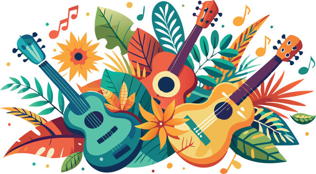Three ukuleles surrounded by tropical flowers and leaves creating a summer music festival background