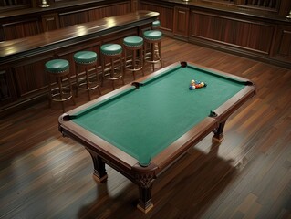 A Classic Game Room With a Pool Table and Bar Stools