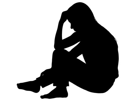 recommend clip art: Side profile portrait silhouette of a depressed teenage girl sitting on ground thinking PNG