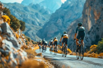 Cyclists Riding Up Mountain Pass on Sunny Day