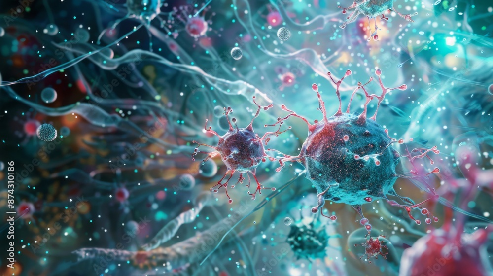 Aufkleber A close-up view of virus cells in a blue and green environment, with smaller particles floating around them.