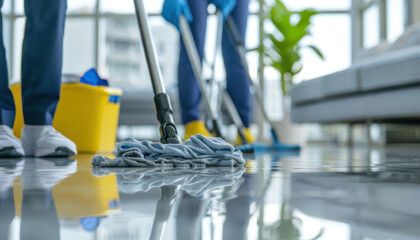Fototapeta premium In a living room, a few individuals are currently cleaning the floor using mops