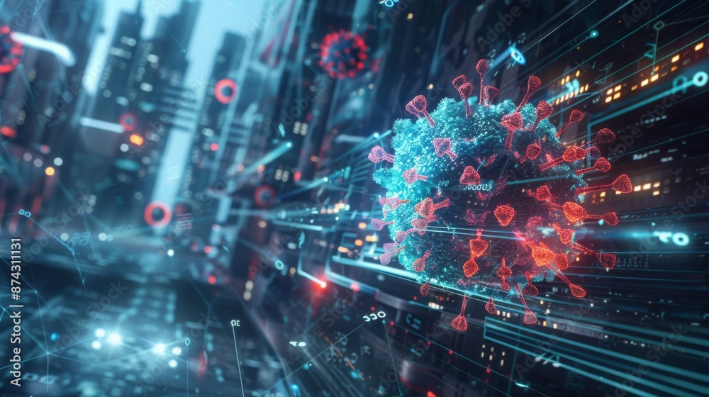 Fototapete A 3D rendering of a futuristic cityscape with a large model of a coronavirus in the foreground.