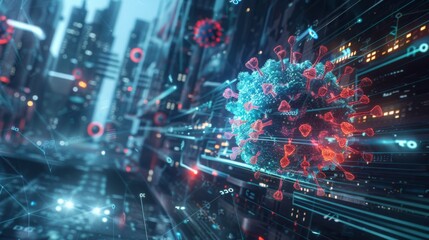 Obraz premium A 3D rendering of a futuristic cityscape with a large model of a coronavirus in the foreground.