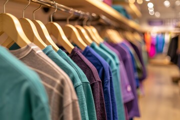 Closet Chic: Row of Hanging Shirts on Wooden Hangers in Various Styles