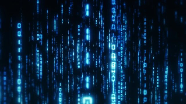 Animated stream of one and zero digits blue background screen