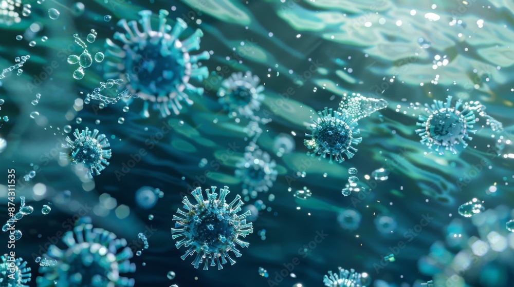 Aufkleber Blue virus particles float in a blue liquid, appearing as if they are underwater. Some are in focus while others are blurry in the background.