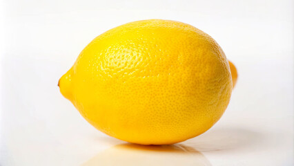 A single yellow lemon sits on a white surface, with a slight reflection underneath