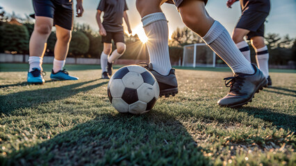 Fototapeta premium Close-up, focus on children's feet and ball In football uniforms, they are kicking a ball on a beautiful green grass football field. The evening sun shines in the background