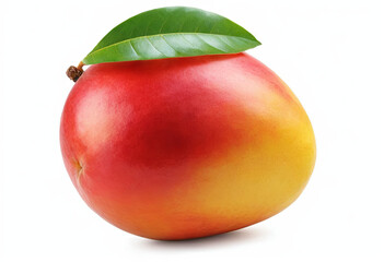 A single, ripe red mango with a green leaf sits on a white background