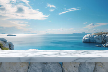 White Marble Table Top on Greek Island with Blue Sky and Sea View - Perfect for Product Display or Montage