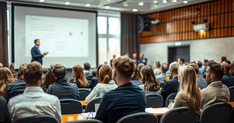 Fototapeta premium A group of individuals attend a workshop in a modern conference room. They are seated at tables, facing a projector screen, and listening attentively to a presentation