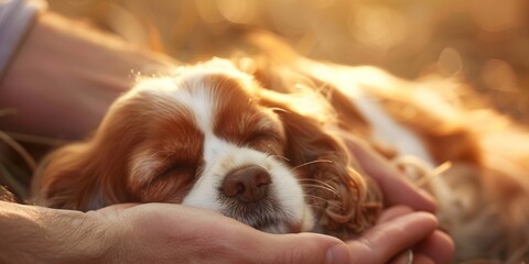 dog sleeping in the hand , copy space concept for wallpaper or background