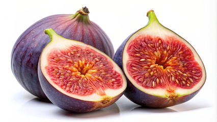 A close-up of two ripe figs, one whole and one halved, revealing the soft, red flesh and numerous seeds inside