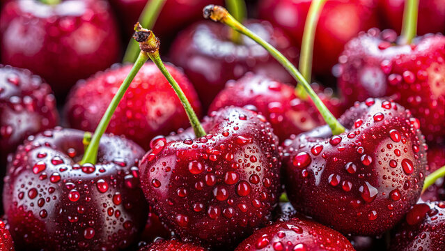 A cluster of bright red cherries, glistening with water droplets