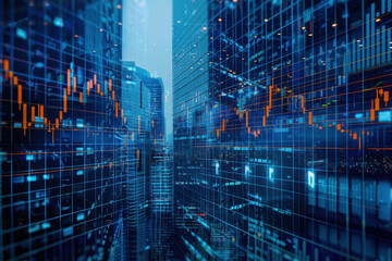 Abstract image of buildings overlaid with financial data graphs, symbolizing real estate market analysis on a blue background
