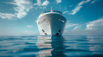 front view of a large luxury cruise ship in the middle of the sea.