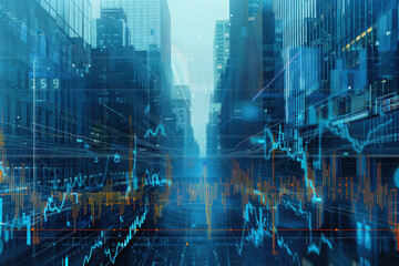 Abstract image of buildings overlaid with financial data graphs, symbolizing real estate market analysis on a blue background
