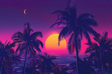 Fototapeta premium Retro illustration of beautiful landscape of palm trees and sea in 80s synthwave style