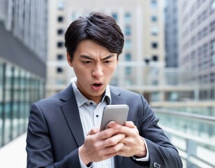 スマートフォンを見て怒る、びっくりするオフィス街のビジネスマン。