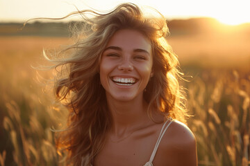 Radiant woman laughing in golden hour light in a serene field, boho style, long hair glowing in sunlight